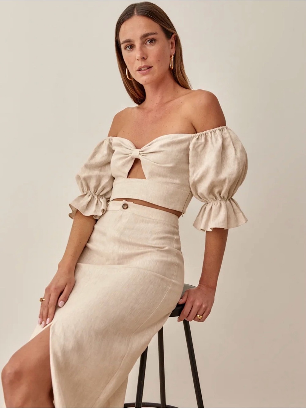 Reformation Beige Off-Shoulder Tie-Front Midi Top